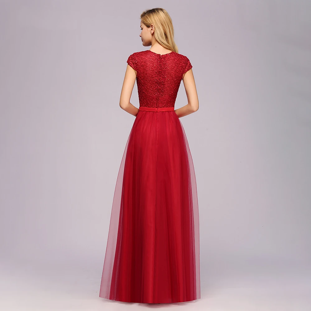 Abiti da damigella d'onore in Chiffon lungo pizzo perline O collo A Line abito da festa di nozze senza maniche elegante Maxi abiti Robe De Mariage