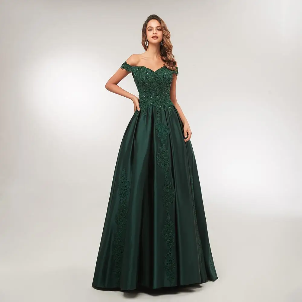 Real Picture Elegant A-Line Prom Dresses Off The Shoulder Beaded  Party Dress Applique Long Dark Green Evening Dress