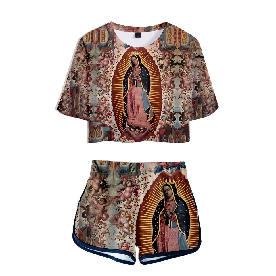 

Virgin Mary Print T shirt Women Short Sleeve Crop Tops+Shorts Girls Original of Our Lady Guadalupe suits Two Piece Set