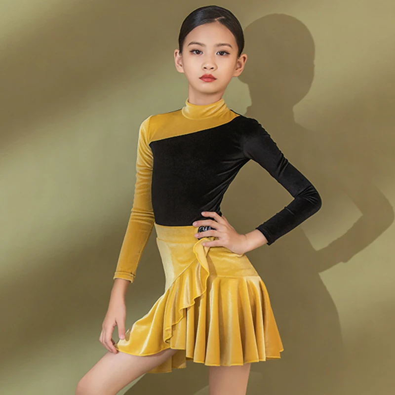 Autumn Teen Girls Latin Dance Competition Wear Long Sleeve Leotard Skirt Rumba Jive Dancewear ChaCha Performance Costume YS2442