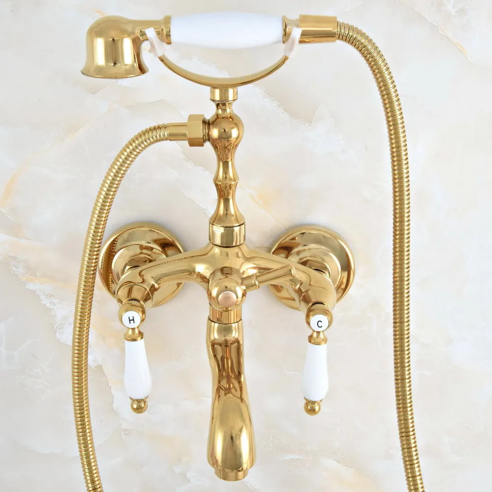 

Luxury Polished Gold Color Brass Bathroom Wall Mounted Clawfoot Tub Faucet Taps Set With Hand Held Shower Head Spray mna822