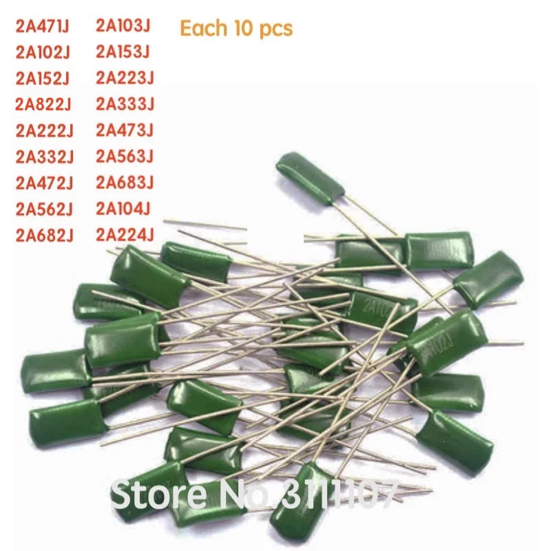 180PCS/LOT  2A104J 2A332J 2A472J 2A103J 2A333J 2A473J 2A563J 2A223J 18value*10pcs Polyester film capacitor Assorted Kit