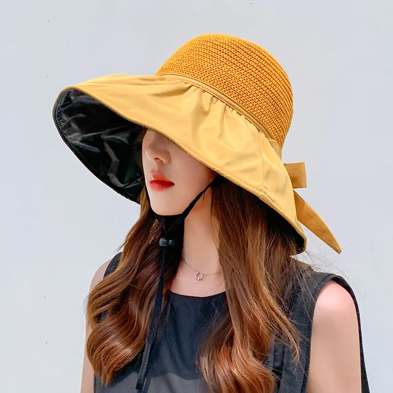 

Bowknot Sun Hat Female Hollow Straw Hat Anti-ultraviolet Big Brim Cover Face Sunscreen Fisherman Hhat