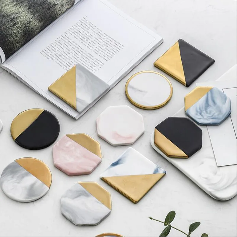 Marble Grain Coasters Ceramics Cup Pad Coffee Tea Mat Round Black Drink Coasters Porcelain Cup Stand Place Mats 1pc