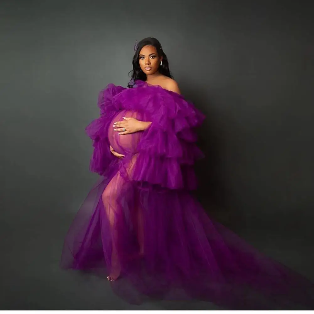 

Purple Ruffled High Low Length Tiered Women Sheer Tulle Dresses Off The Shoulder Photo Shoot Maternity Party Gowns Custom Made