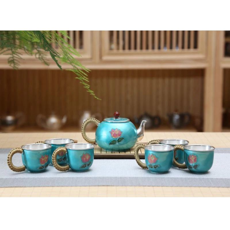 Silver pot 999 sterling silver handmade tea set Japanese retro teapot kettle home tea ceremony Kungfu tea set 210ml