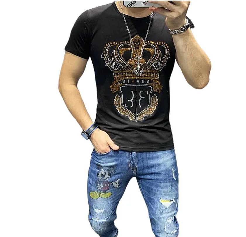 S-6XL Anime  Rhinestones top quality  Streetwear  T Shirts Mens Fashion Hot drill Clothing  Short Sleeve O Neck   Cotton