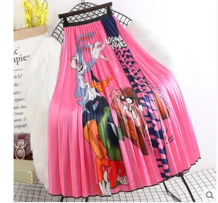 

HOT SELLING Miyake European and American Vintage cartoon print pleated skirt wais skirts IN STOCK