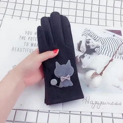 Women Winter Plus Velvet Thick Warm Suede Leather Touch Screen Mittens Female Lovely Cartoon Cat Bear Cycling Driving Gloves D92