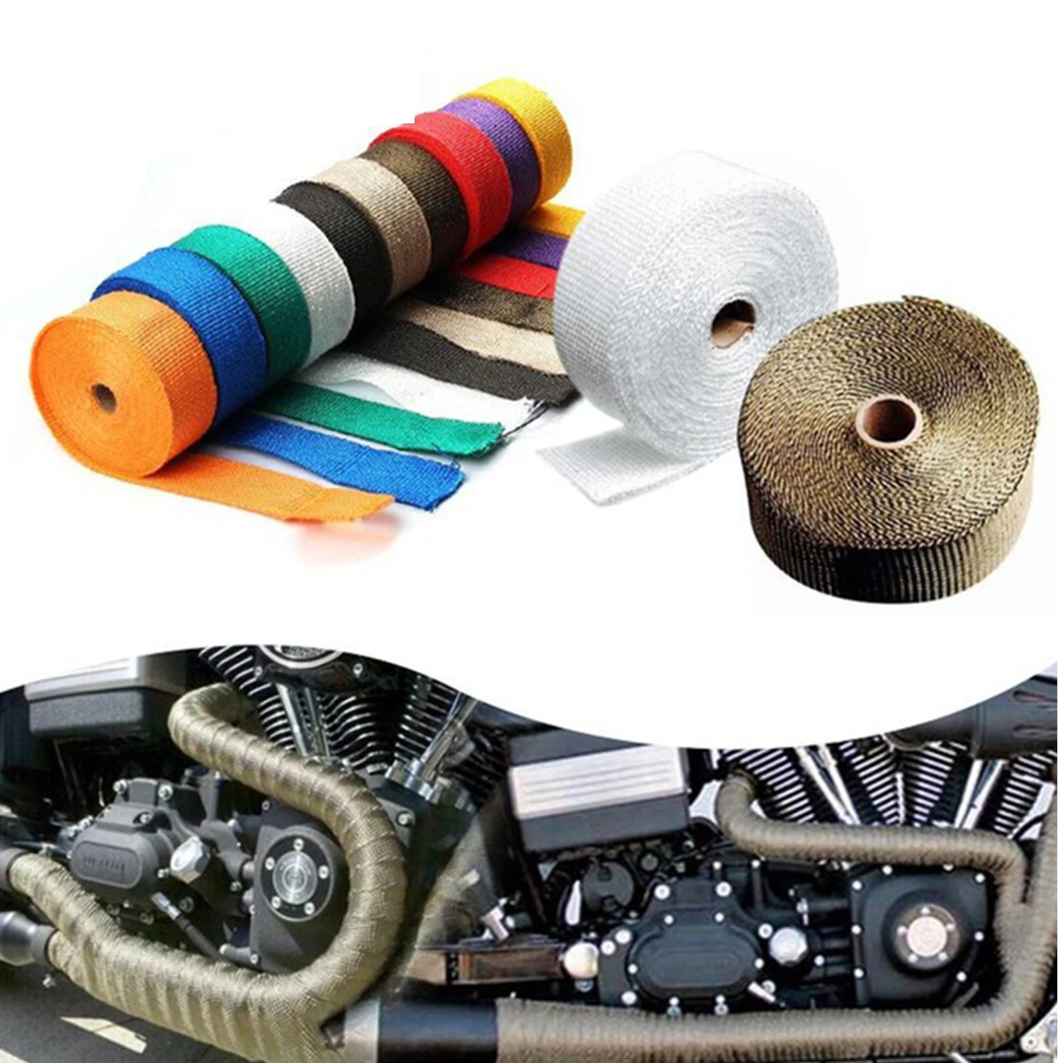 Motorcycle muffler Thermal Tape Exhaust Header Heat Wrap Manifold Insulation Roll Resistant with Stainless Ties 5cm*5M/10M/15M