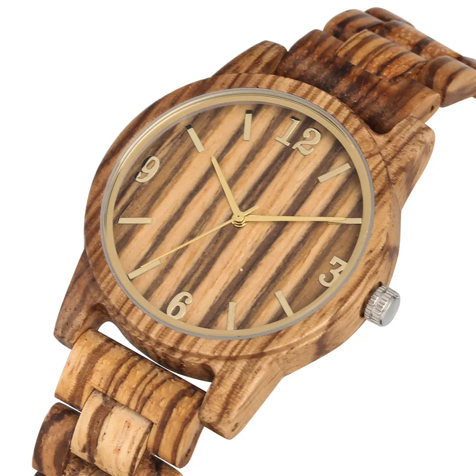 Golden Arabic Numerals Pointers Display Brown Full Wood Men Watch Men Women Quartz Wooden Bangle Wristwatch Novel Clock Gifts