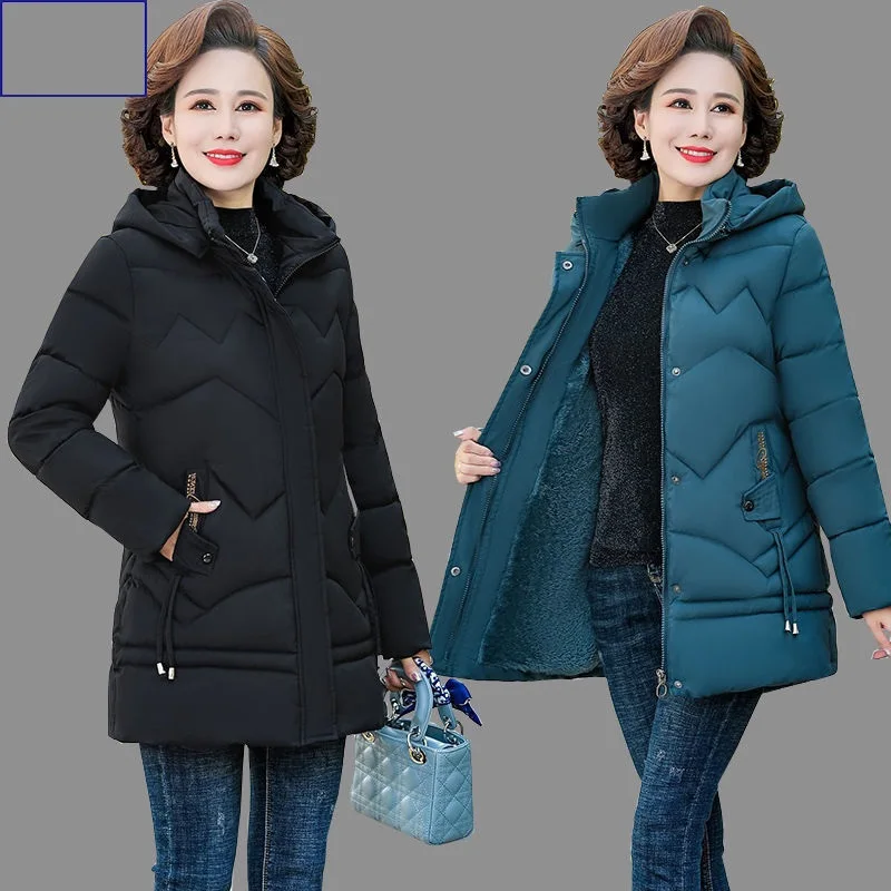 Winter Jacket Middle-aged mother\'s Clothing Hooded Parkas Loose Plus velvet Thick Winter Coat Female Warm Zipper Parka Outwear