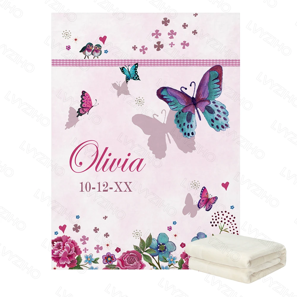LVYZIHO Dinosaur And Butterfly Baby Blanket Personalized Name  Boy / Girl Blanket - 30x40 / 48x60 / 60x80 Inches - Fleece Blanke