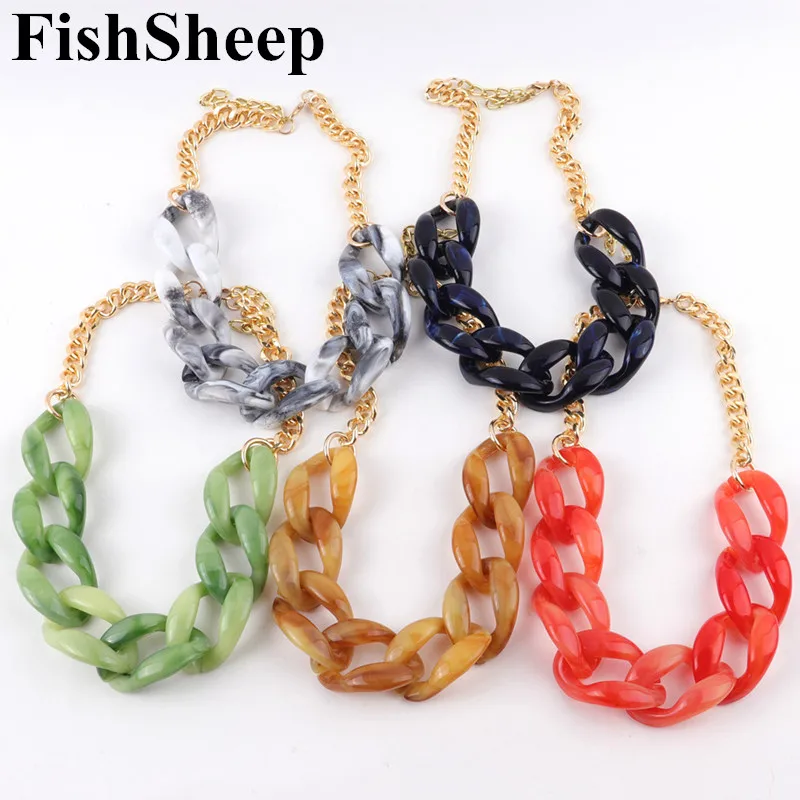 FishSheep Exaggerated Acrylic Alloy Chain Choker Necklace For Women Big Link Chain Colorful Collar Pendant Necklace Jewelry