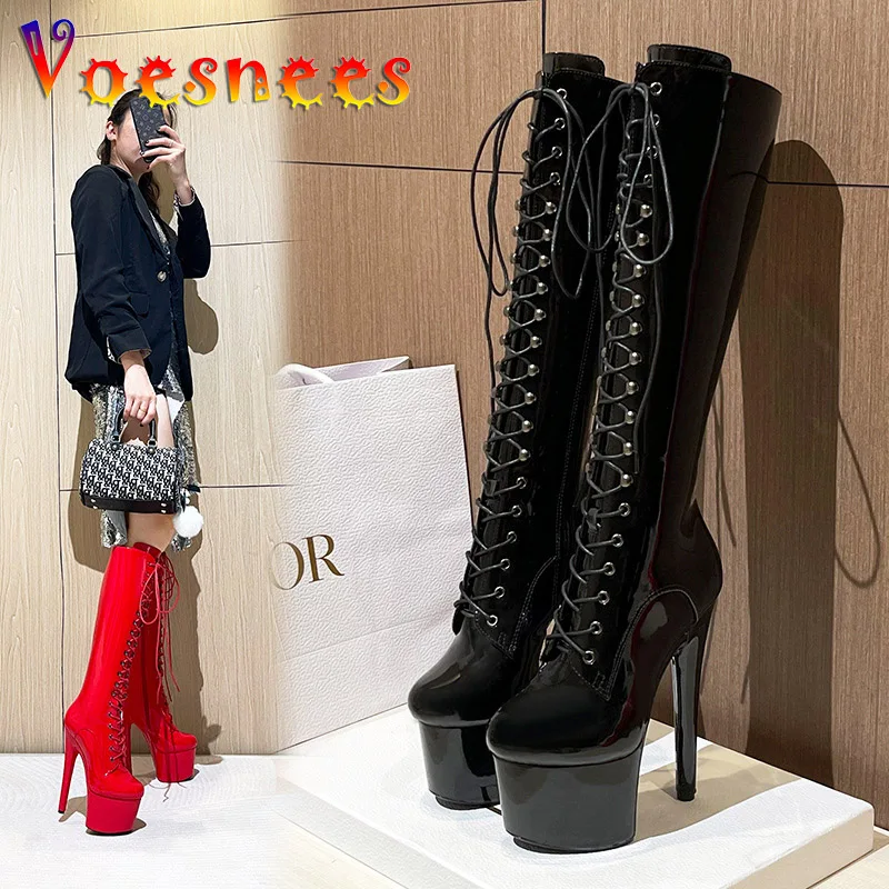 Ladies Fashion Platform Long Boots Autumn Winter Thin High Heel Lace Up Zip Shoes 2022 Round Toe Nightclub Women Knee-High Boots