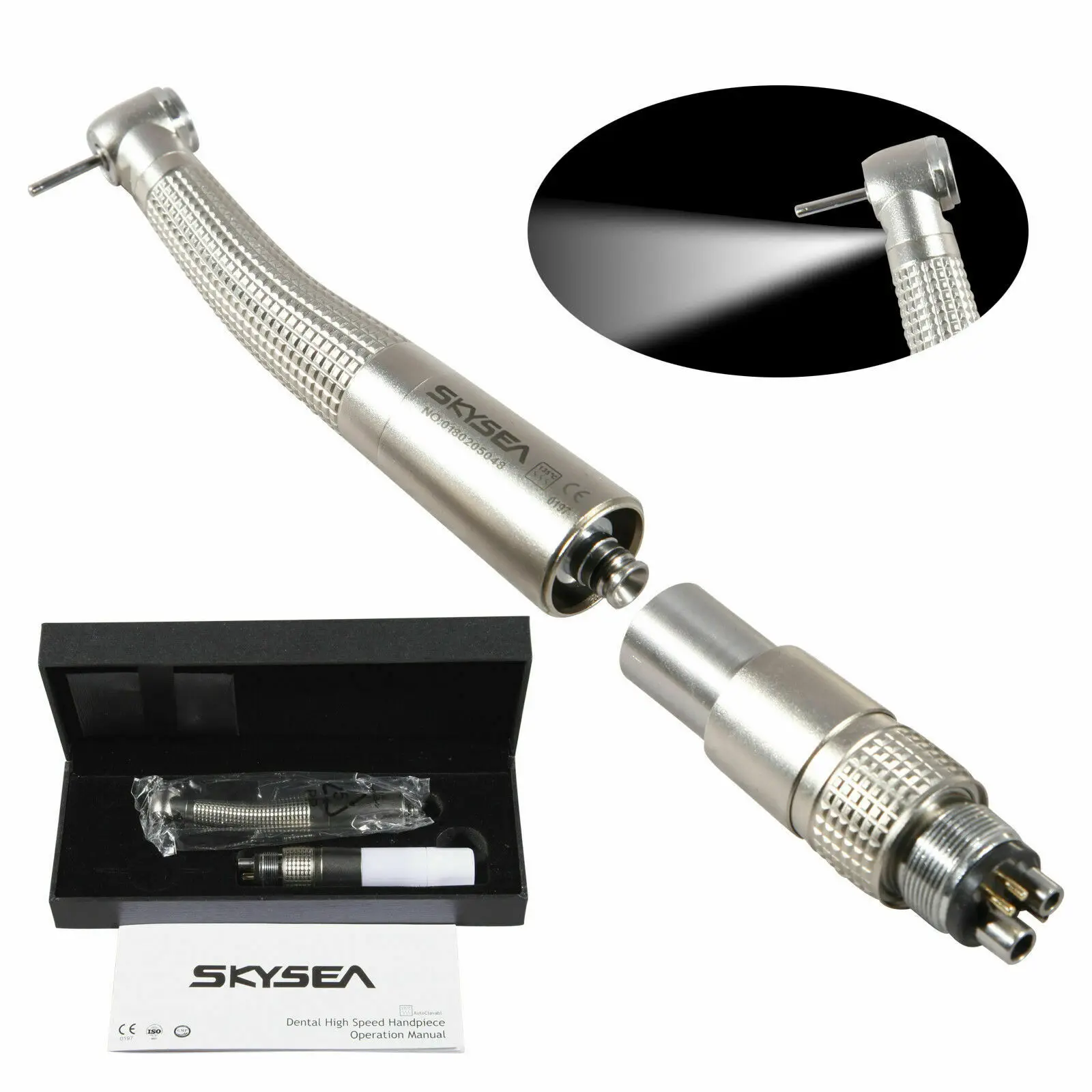 NSK Style LED Dental Fiber Optic Handpiece Ceramic Bearings 4-Way Spray Push Button Turbine + 6Holes Quick Coupler