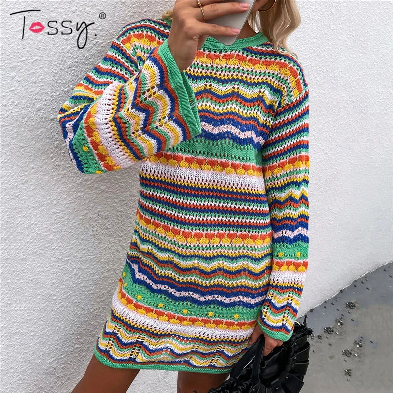 Tossy Holiday Crochet Dress Cover Up Sexy Boho autunno manica lunga maglieria Beach Dress femminile Casual scava fuori abiti da festa