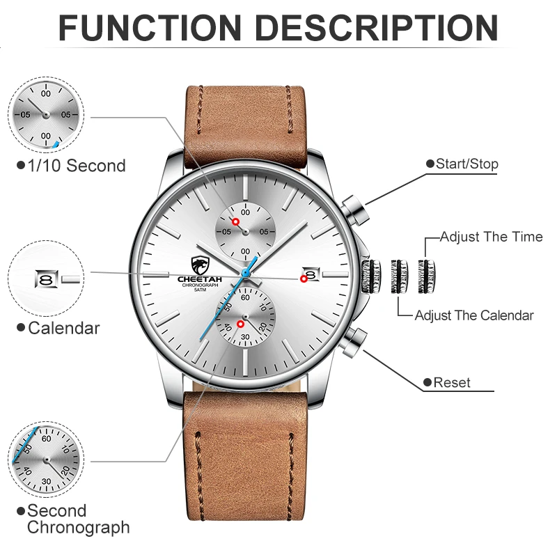 CHEETAH New Men’s Watches Top Luxury Brand Sport Quartz Watch Men Chronograph Waterproof Wristwatch Leather Date reloj hombre