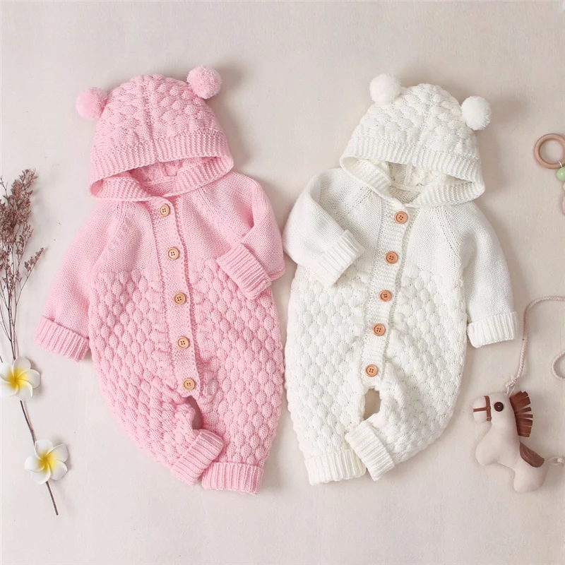 Newborn Baby Winter Hoodie Romper Long Sleeve Knitted Solid Color Button Jumpsuit gray/white/blue/pink