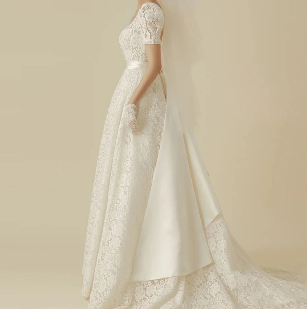 Elegant เกาหลีสแควร์คอชุดแต่งงาน A-Line ชุดเจ้าสาว Puffy เสื้อ 웨딩드레스 Lace Simple Vestidos De Novia Robe Mariée ด้วยโบว์