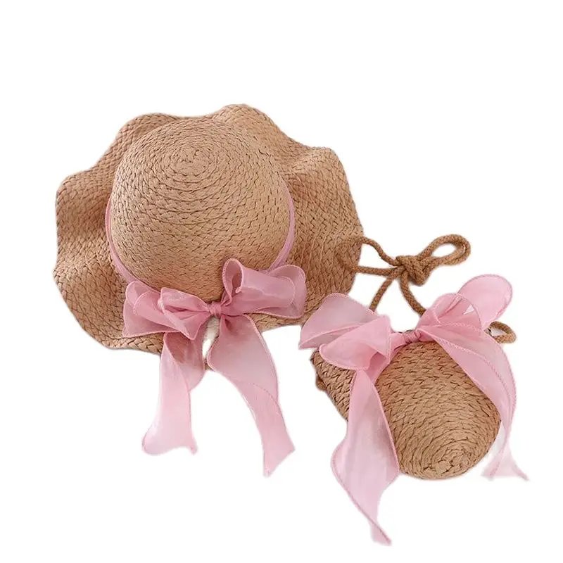 

2021New Fairy Bowknot Ribbon Children Sun Hat Bag Set Summer Brand Falbala Beach Straw Hat For Girl Kid Wide Brim Cap