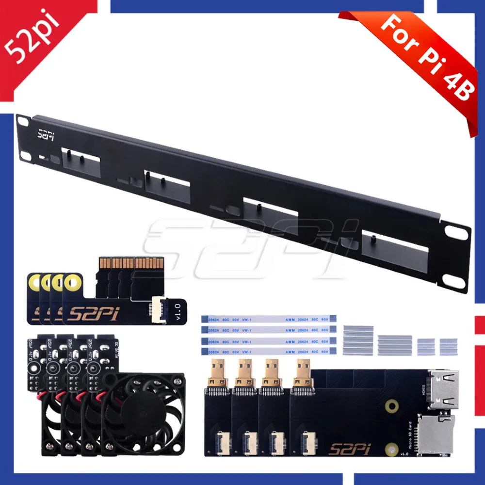 1U Rack For Raspberry Pi 4B Clusters Steel Bracket Rackmount Micro HDMI to HDMI Board TF Card to FPC Board Cooler