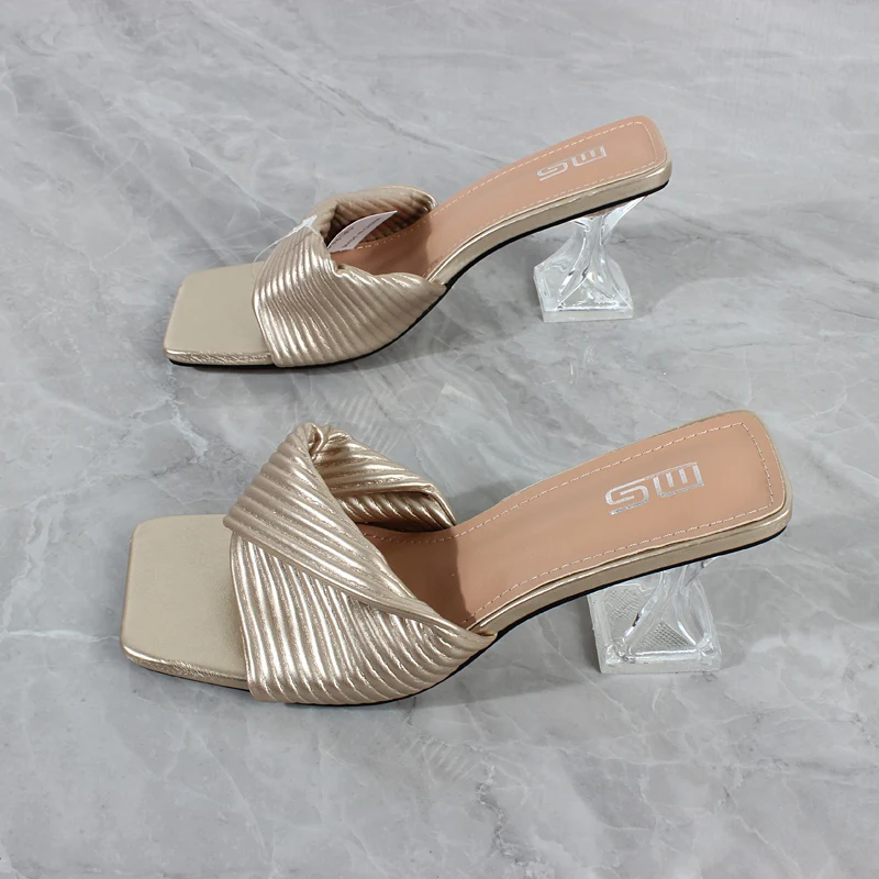 Women's Slippers Fashion High-Heeled 2024 Summer New Soft Surface PU Pleated Comfortable Sandals Outside Women's Shoes 7.5CM