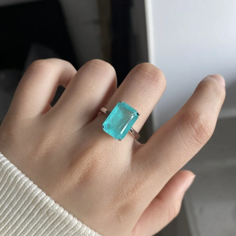 Gica Gema 925 Sterling Silver 10*14MM Synthesis Emerald Cut Paraiba Tourmaline Wedding Rings For Women Party Fine Jewelry Gifts