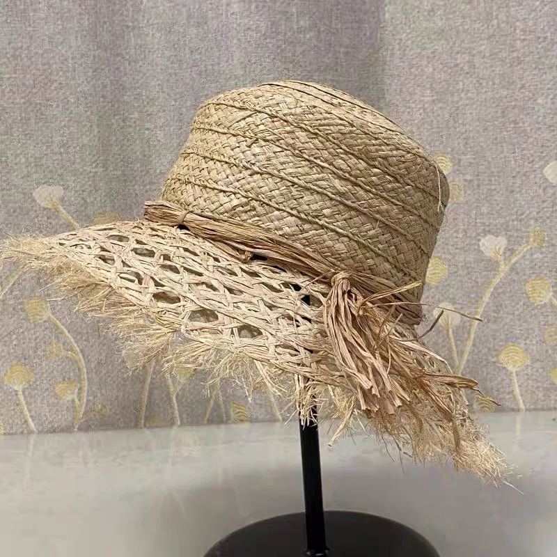 New Retro Hollow Raffia Bowknot Flat Top Straw Hat Raw Edge Sun Hat Female Summer Bucket Beach Hat Vacation Derby Verano