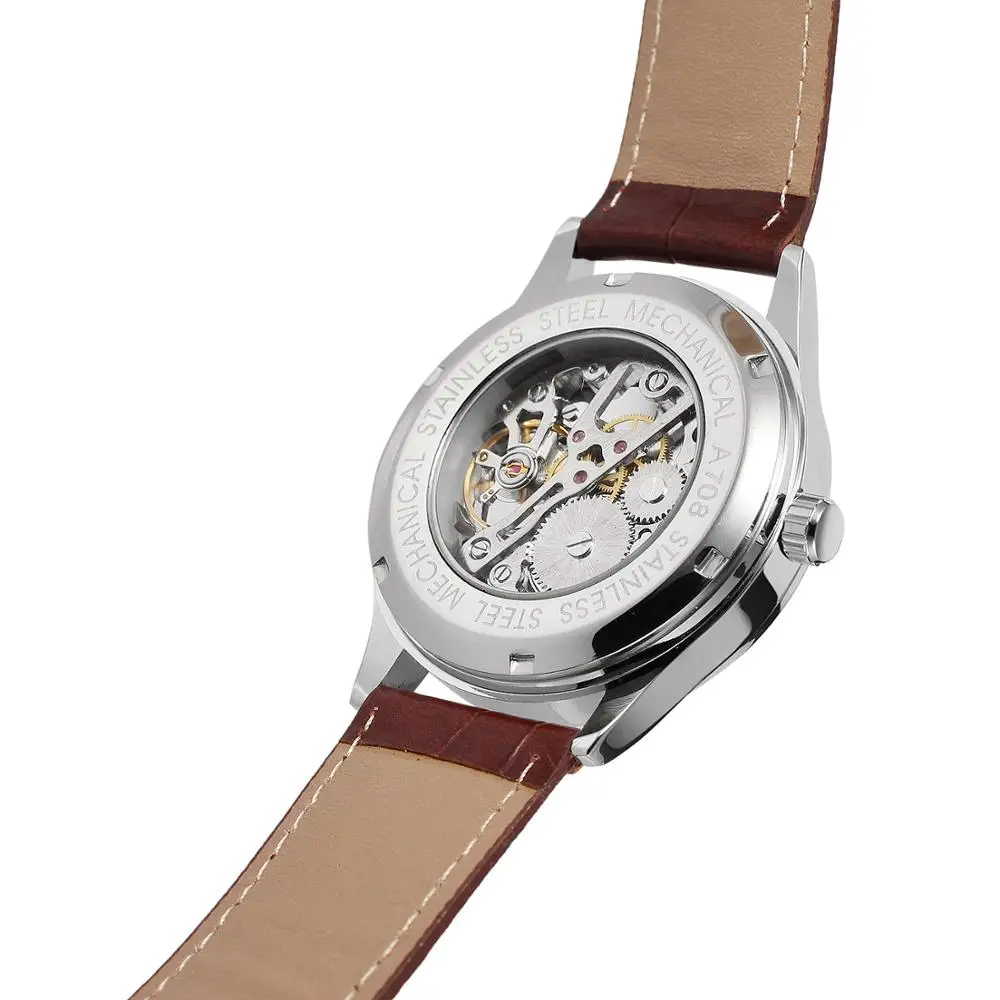T-WINNER Fashion casual magnificent men\'s watch red dial silver case brown red leather strap automatic mechanical watch