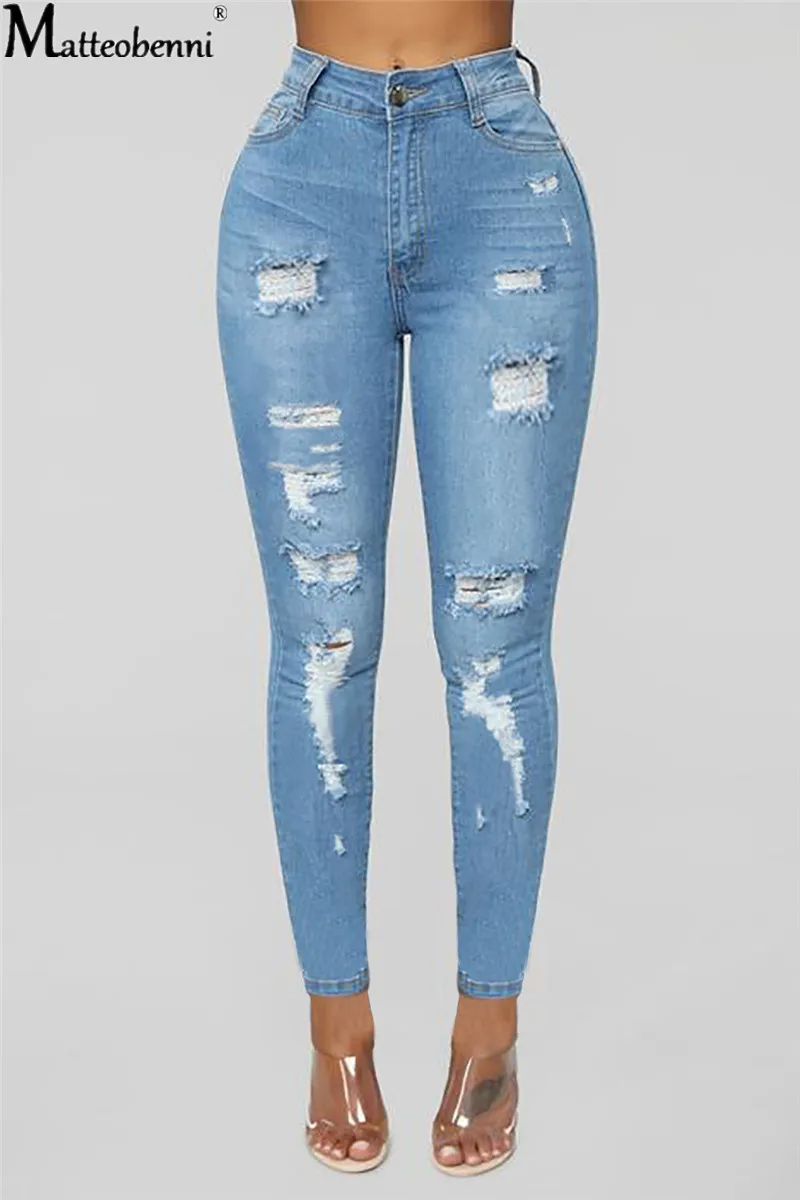 

New Ladies Fashion Sexy High Waist Slim Jeans Ladies Light Blue Shabby Denim Street Jeans Ladies Casual Fashion Pencil Pants