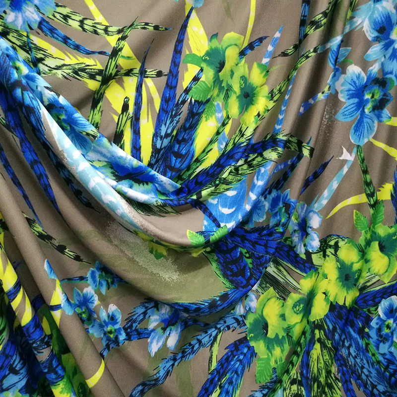 Good 4 Way Elastic Ice Silk Knitted Cotton/Spandex Fabric Peacock's Big Feather Tail Print Cloth Diy Sewing Dress Dance Clothing