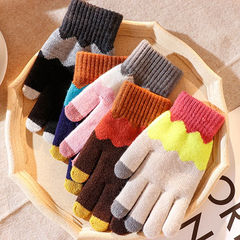 Youpin Knitted Woolen Gloves Female Winter Warm Outdoor Cycling Mittens Girl Anti-cold Touch Screen Color Block Wavy Glove Women