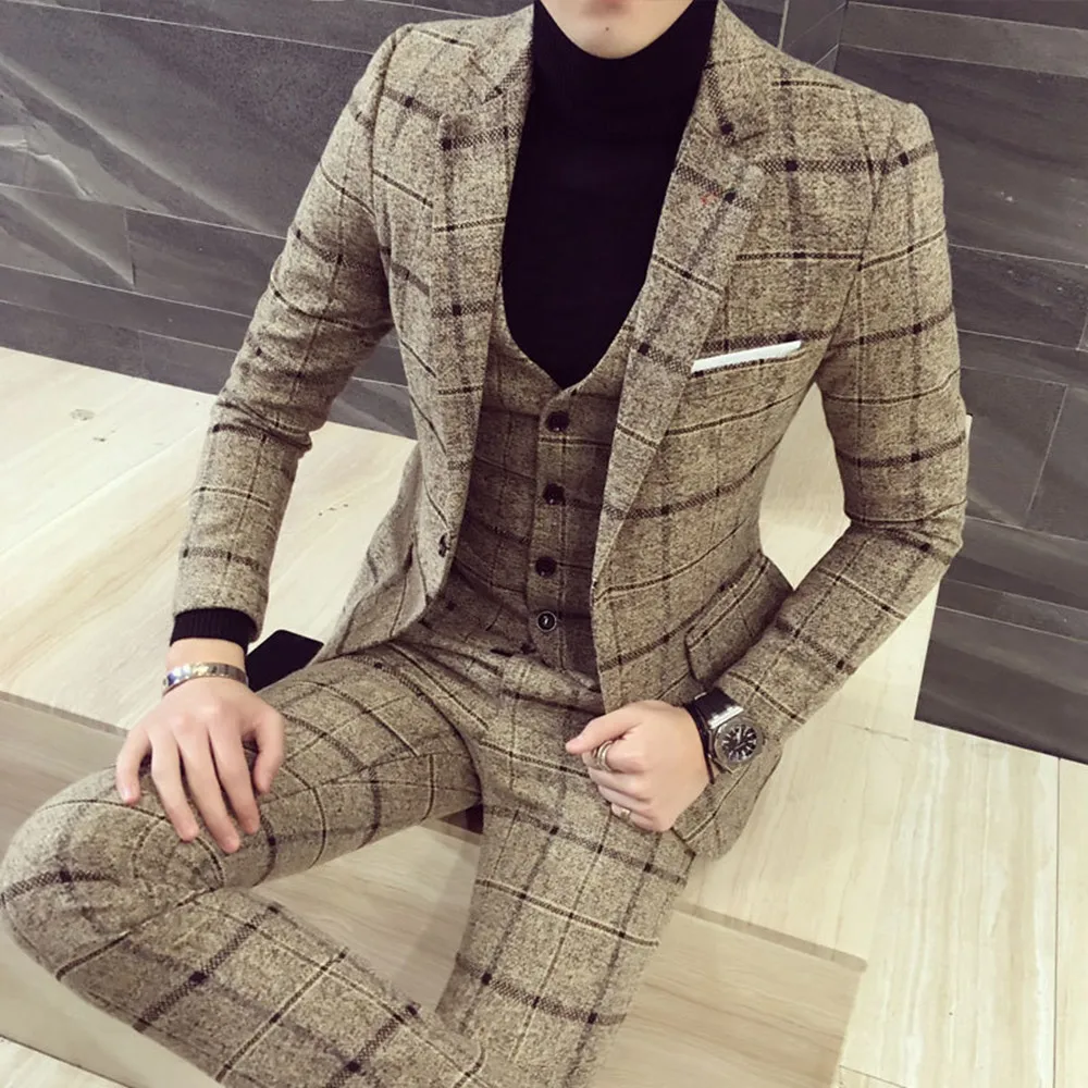 2021 Men's Suits Plaid Groom Wear Tuxedos Korean Slim Men's Plaid Three Piece Suits Casual Large Size Suit Groom's Best Man Suit