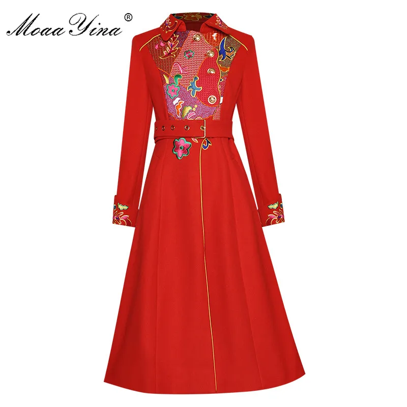 

MoaaYina Fashion Designer Woolen cloth Overcoat Spring Autumn Women Long sleeve Single-breasted Embroidery Overcoat