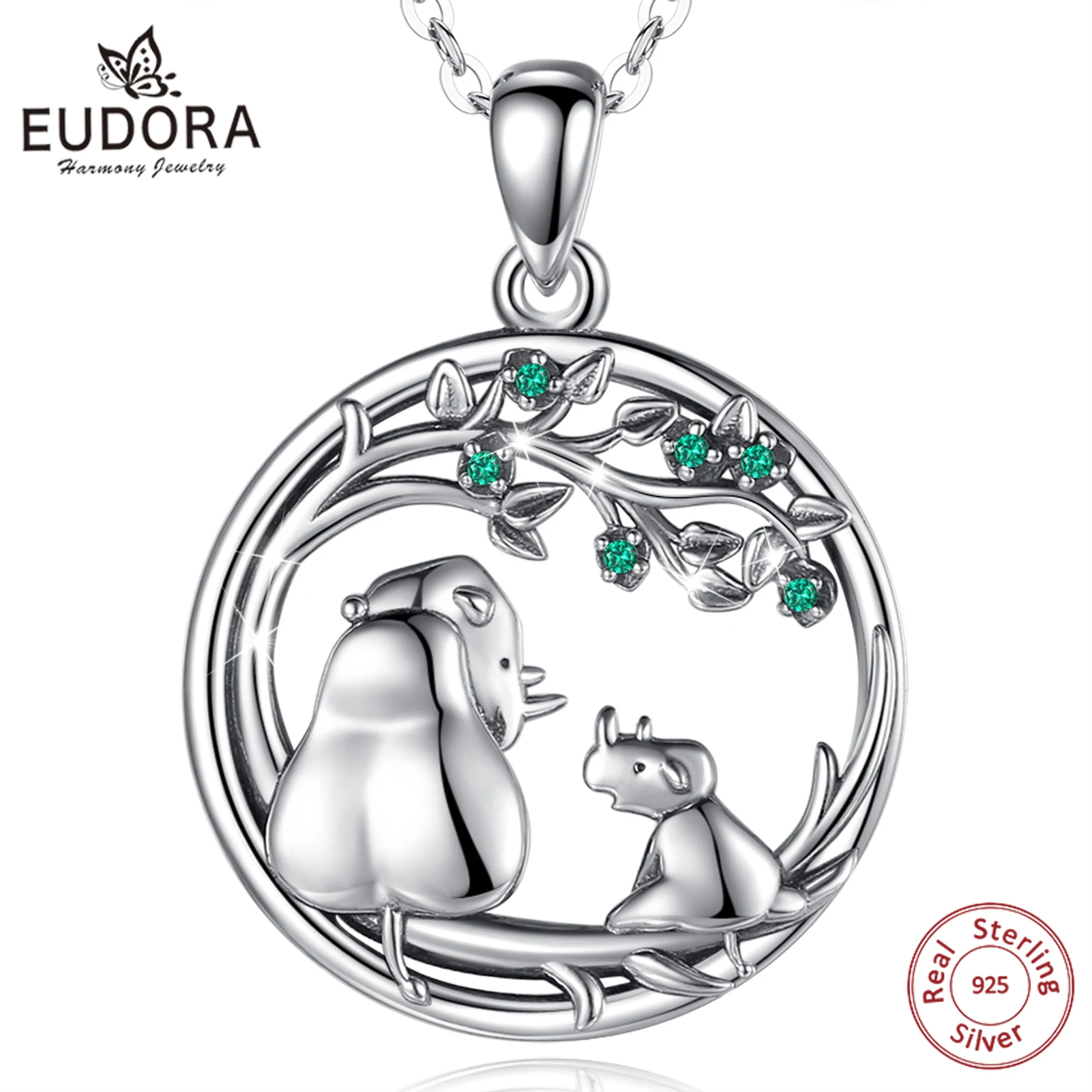 EUDORA 925 Sterling Silver Rhino Mother Baby Pendant  Tree of Life Green CZ Necklace Fashion Jewelry for Women Girl cyd632