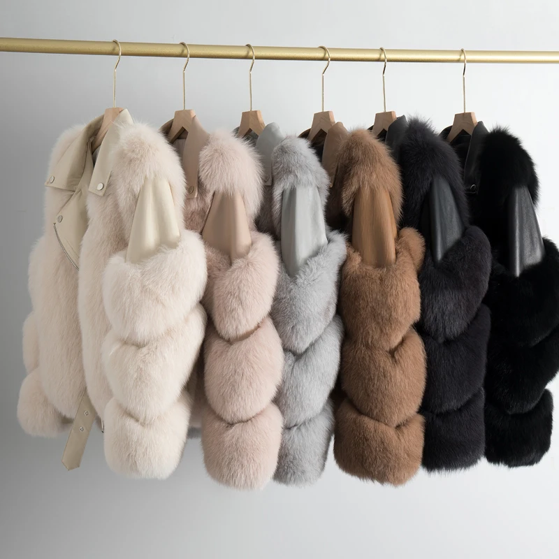 Winter New Style Aviator Fashion Fox Fur Jacket Woman Genuine Leather Natural Fur Coat with belt