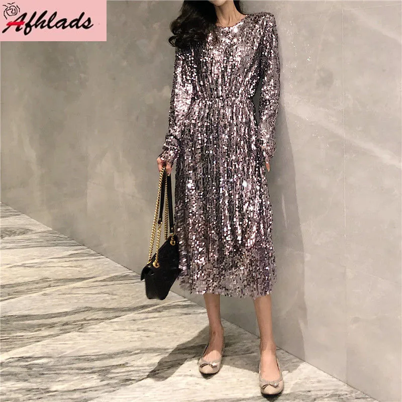 Spring And Autumn Women's Clothing New Long Sleeve Party Vestidos Bling Sequined Slim High Waist Streetwear Elegant Dress