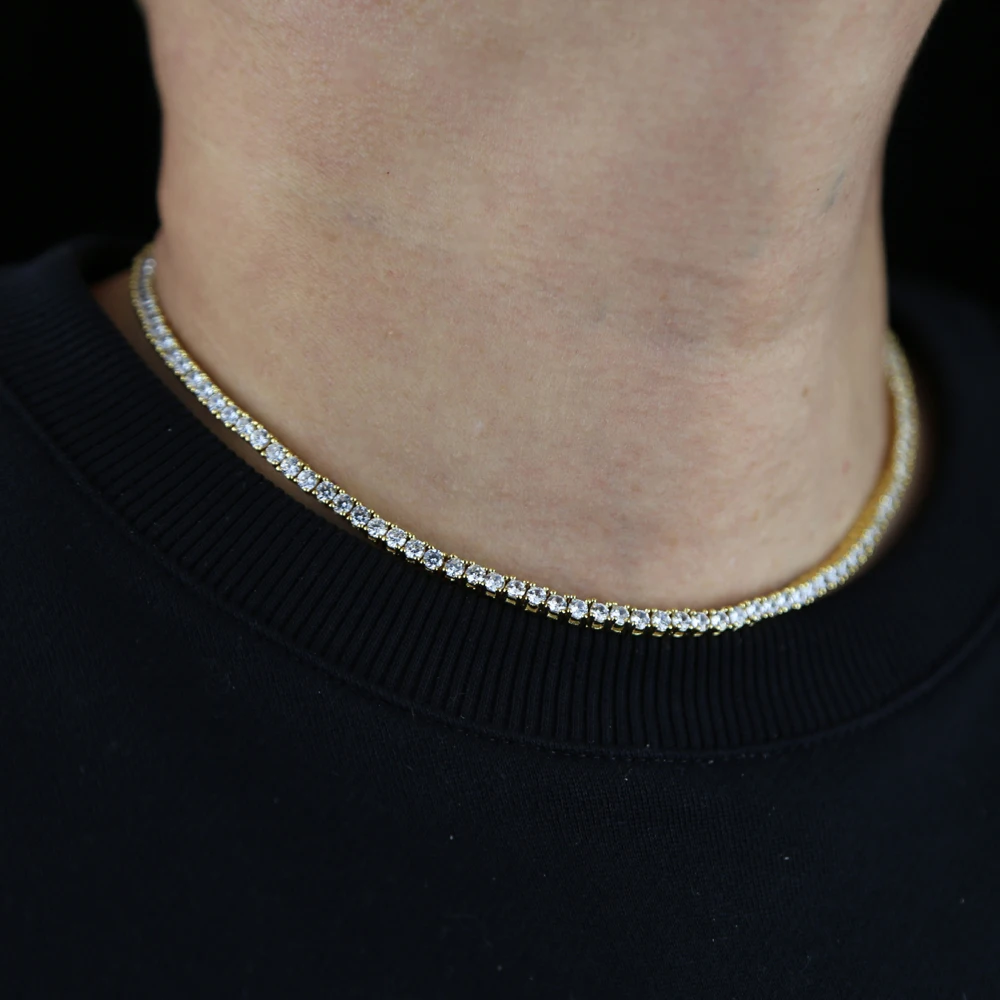 New Thin 3mm CZ 1 Row Shiny Tennis Chain Necklace Hip Hop Iced Out Bling Cubic Zircon Choker Jewelry Gold Color For Women Men