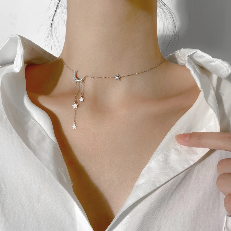 925 Sterling Silver Star Moon Simple Elegant Temperament Tassel  Necklaces For Women choker collares Wedding Jewelry Necklace