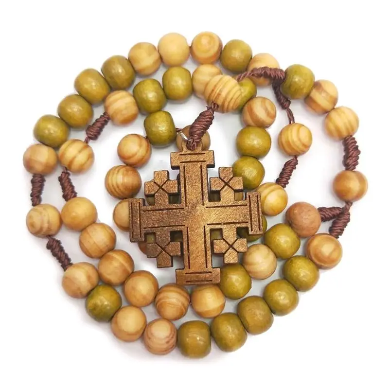 Jesus Wooden Prayer Beads 10mm Rosary Cross Necklace Pendant Woven Rope Chain Church Supplies Jewelry Accessories X6HE