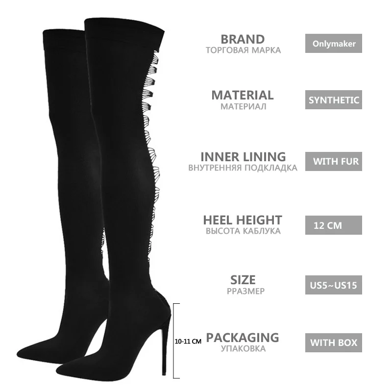 Onlymaker Women\'s Boots Pointed Toe Black Over The Knee Thigh High Stiletto Stretch Sock Sexy Fashion Stocking Sexy Long Boots