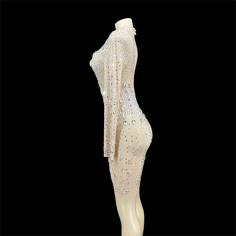 

Nude See Through Mesh Silver Crystals Dress Women Birthday Celebrate Transparent Long Sleeve Prom Sexy Stones Costume