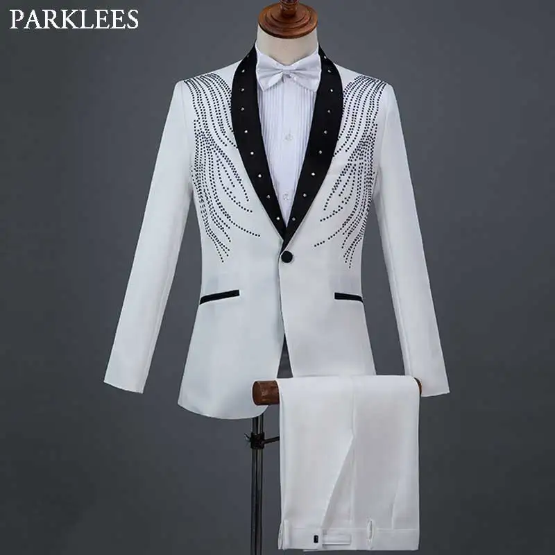 Stylish Crystal Embroidery White Suit Men Patchwork Shawl Collar One Button Suits Pants Men Wedding Party Tuxedo Costume Homme