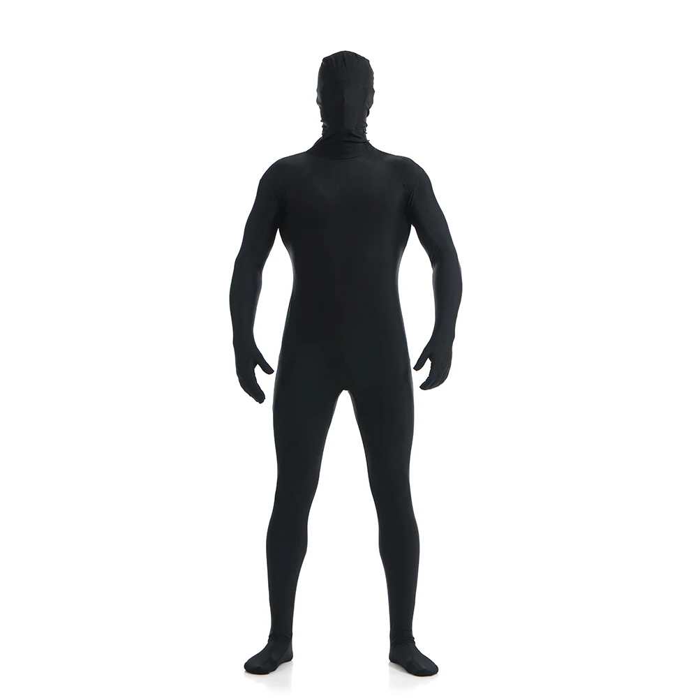 Aangepaste Zwart Zentai Kostuums Full Body Skin Suit Catsuit Halloween Kostuums Bodysuit Voeg Kruis Rits Open Ogen Open Mond