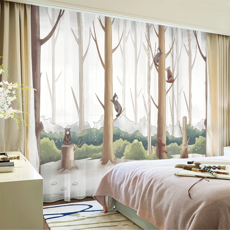 

Custom Chiffon Curtain Window Drape for Nursery Kids Children Living Room Forest Tree Animal Khaki Gray Brown Pink Blue