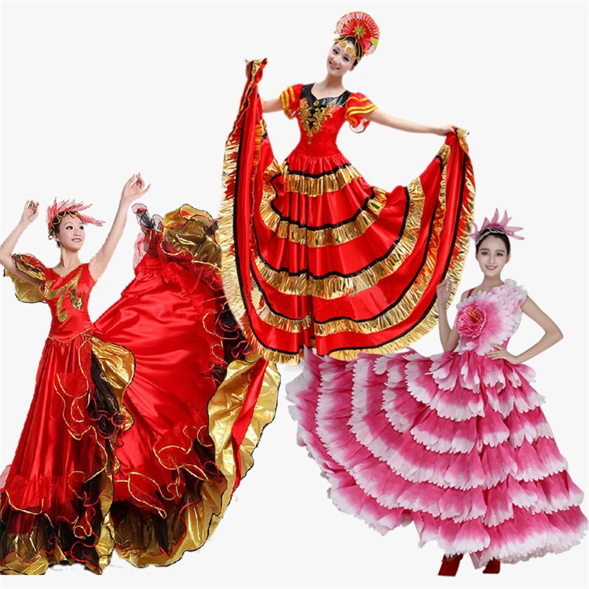 Women Spain Dress Flamenco Skirts Dance Costumes Spanish Gypsy Skirt Bigdance Flower Chorus Stage Performance Wear for Woman