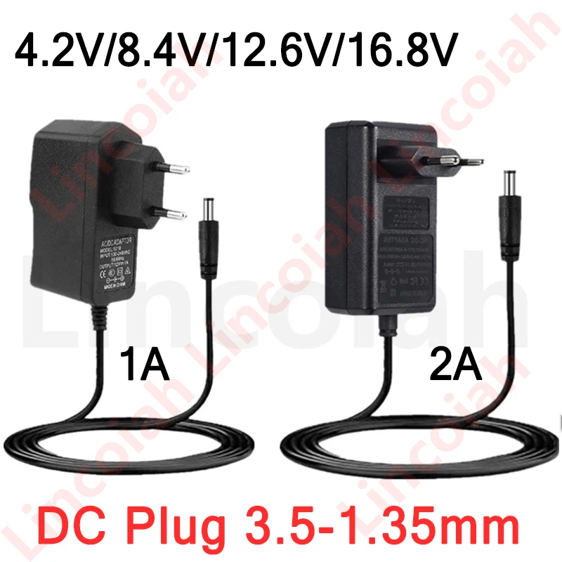 AC 100-240V DC 4.2V 8.4V 12.6V 16.8V 1A 2A 2000mA 3.5*1.35mm przejściówka Adapter ładowarka zasilająca dla 18650 litowo-jonowa bateria litowa