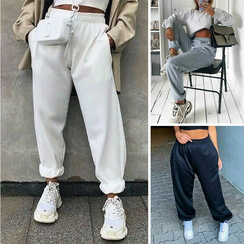 Women High Waist Casual Sweatpants Loose Elastic Waist Sports Pants Solid Sweatpants Baggy Ankle-length Trousers Black Gray
