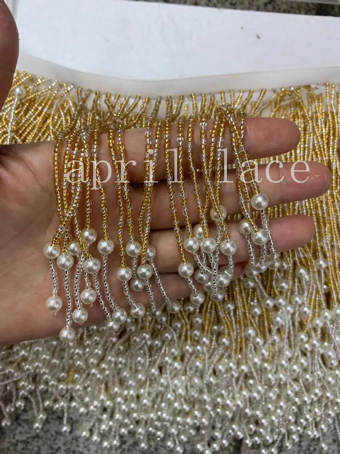 g01 # 10 yards/bag 12-13 cm width golden mix ivory beads ribbon fringe tassel for decorative/wedding bridal /fashion designer